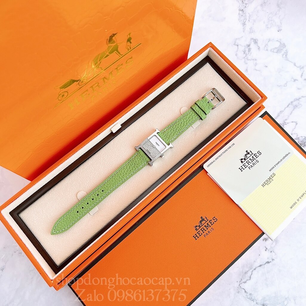 Đồng Hồ Hermes Heure H Double Jeu Diamond 21x21mm - Xanh Cốm
