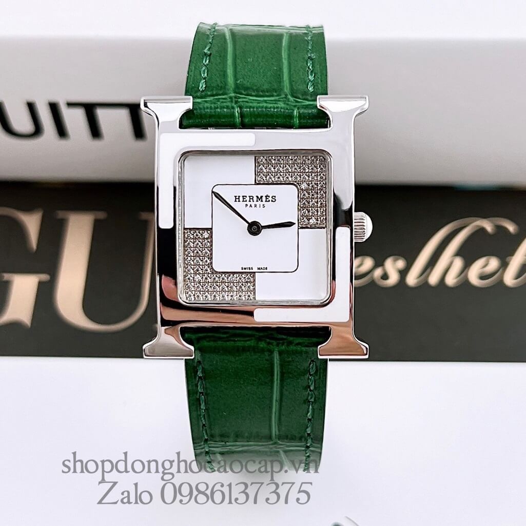 Đồng Hồ Hermes Heure H Double Jeu Diamond Dây Da Xanh Lá 26x26mm