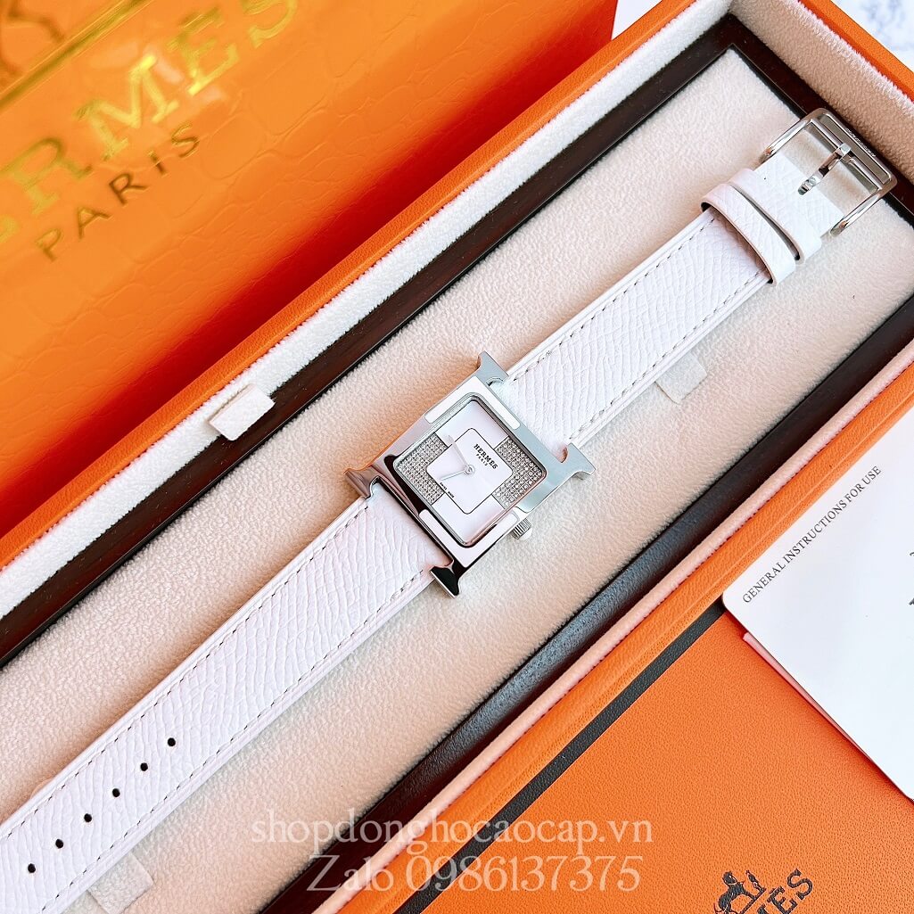 Đồng Hồ Hermes Heure H Double Jeu Diamond Dây Da Trắng 26x26mm