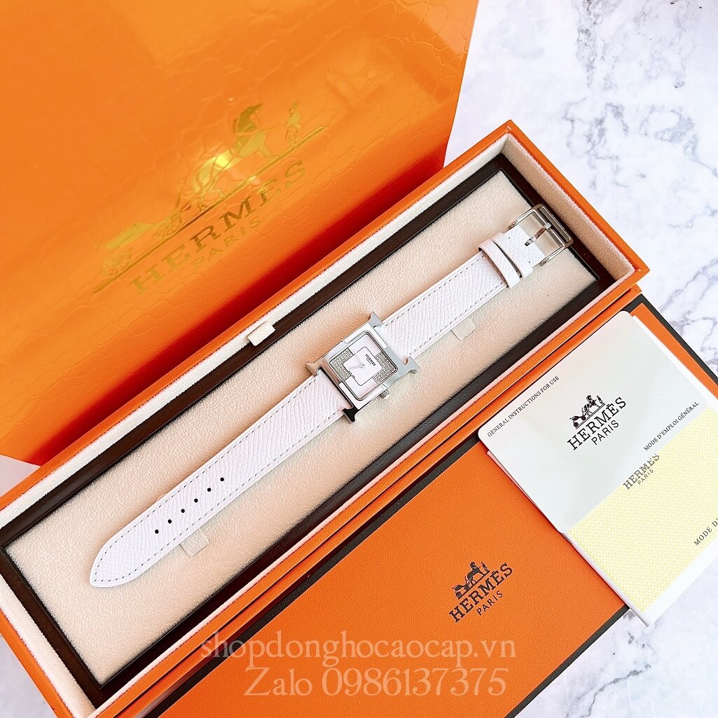 Đồng Hồ Hermes Heure H Double Jeu Diamond Dây Da Trắng 26x26mm