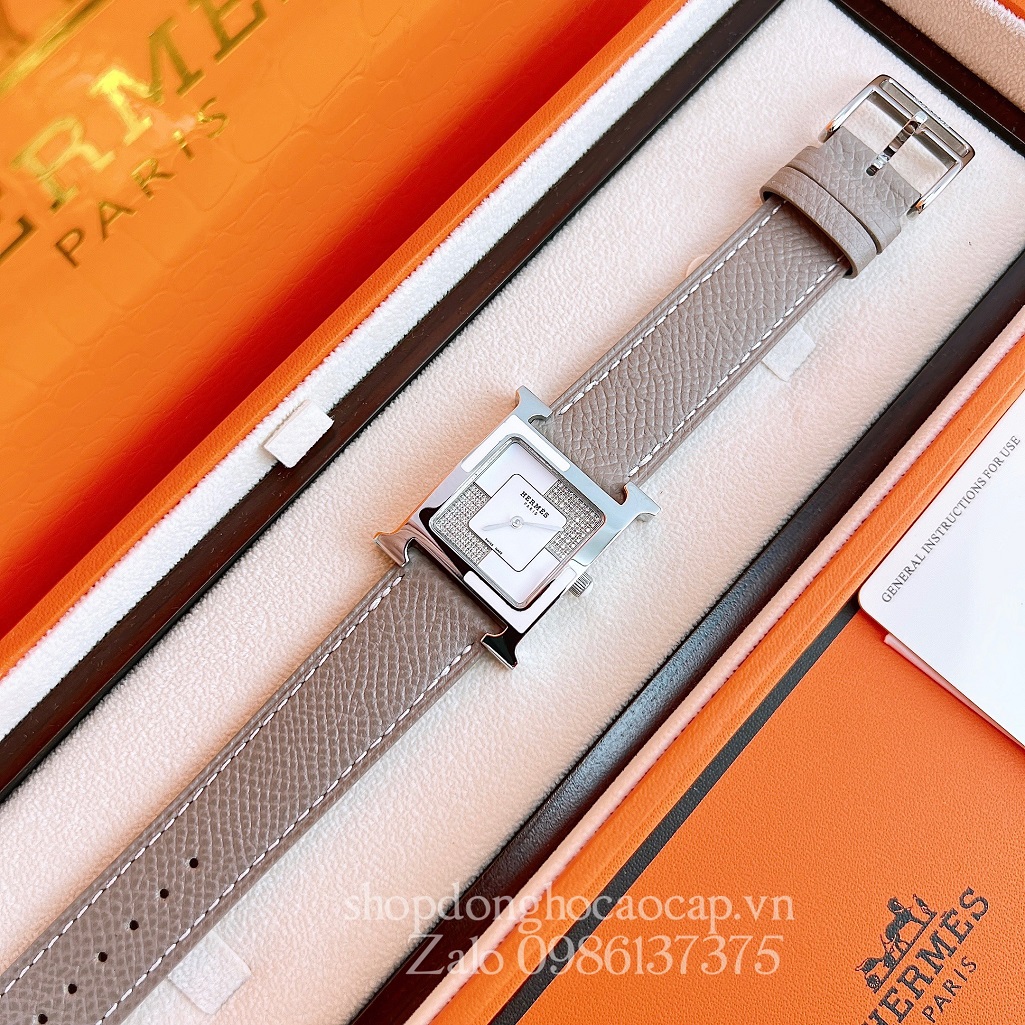 Đồng Hồ Hermes Heure H Double Jeu Diamond Dây Da Nâu Nude 26x26mm