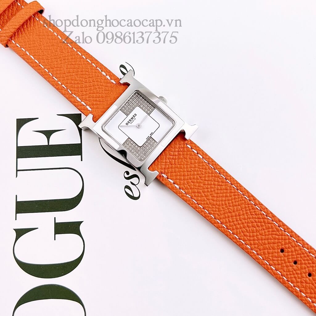 Đồng Hồ Hermes Heure H Double Jeu Diamond Dây Da Cam 26x26mm