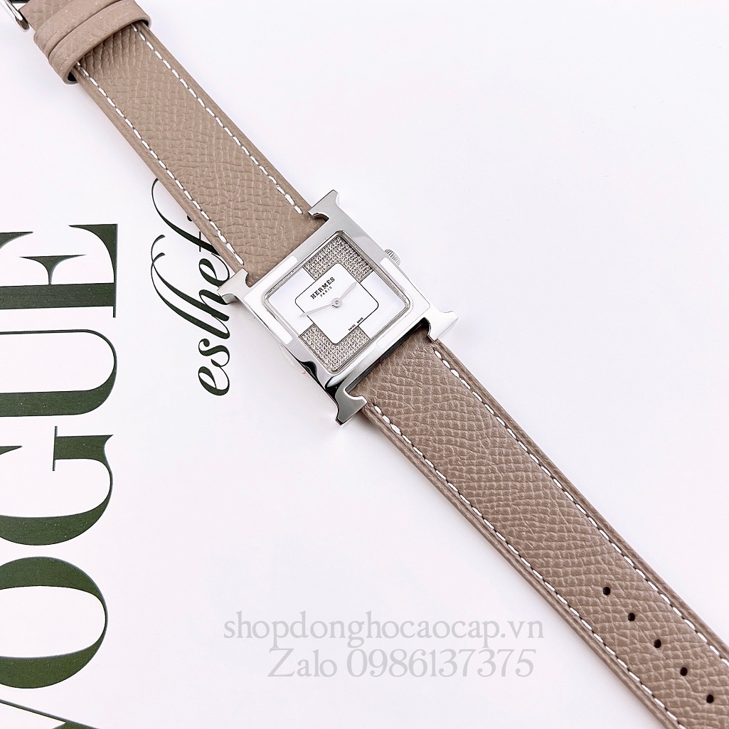 Đồng Hồ Hermes Heure H Double Jeu Diamond Dây Da Nâu Nude 26x26mm