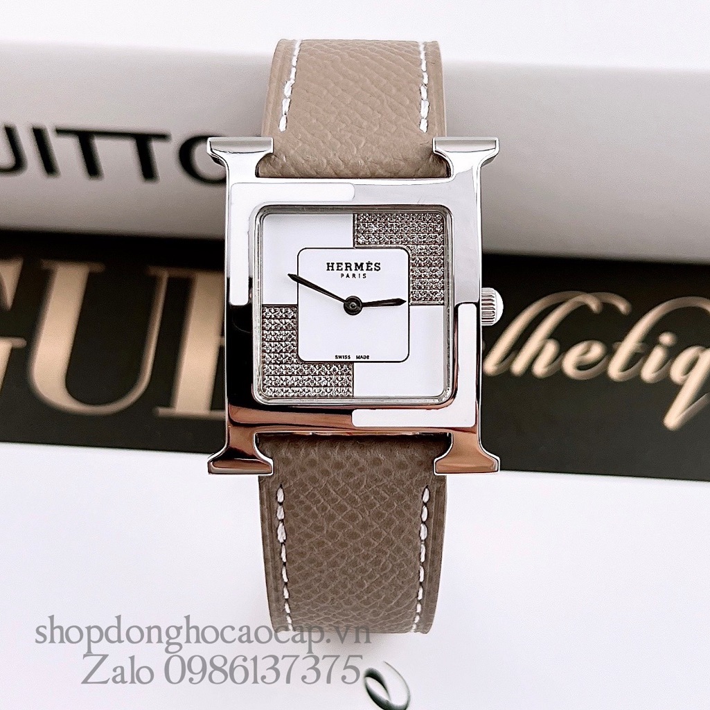 Đồng Hồ Hermes Heure H Double Jeu Diamond Dây Da Nâu Nude 26x26mm