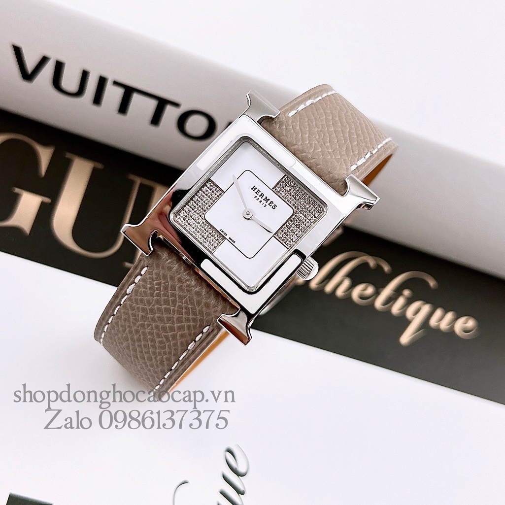 Đồng Hồ Hermes Heure H Double Jeu Diamond Dây Da Nâu Nude 26x26mm