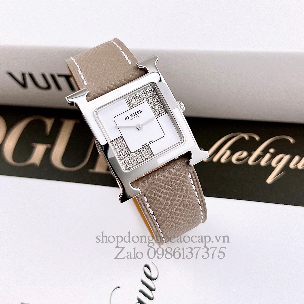 Đồng Hồ Hermes Heure H Double Jeu Diamond Dây Da Nâu Nude 26x26mm