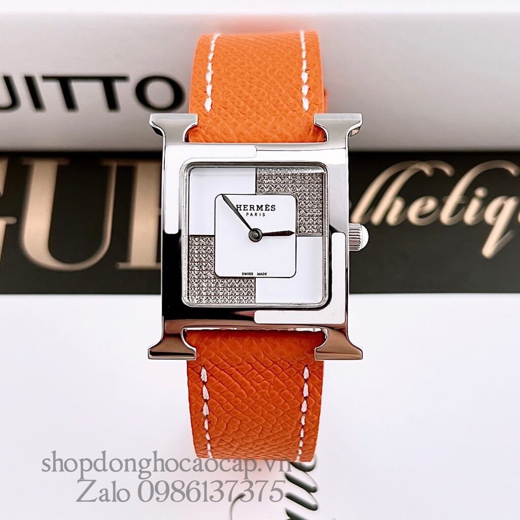 Đồng Hồ Hermes Heure H Double Jeu Diamond Dây Da Cam 26x26mm