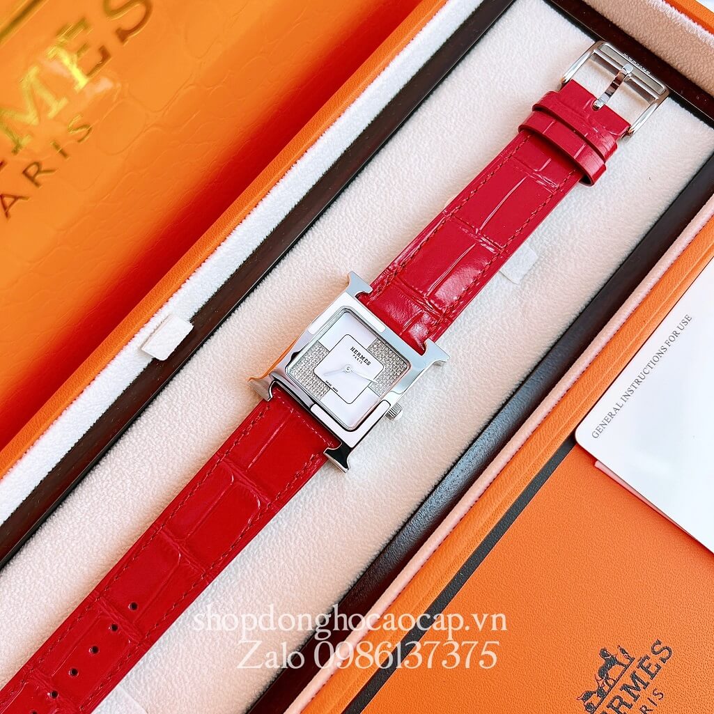 Đồng Hồ Hermes Heure H Double Jeu Diamond Dây Da Đỏ 26x26mm