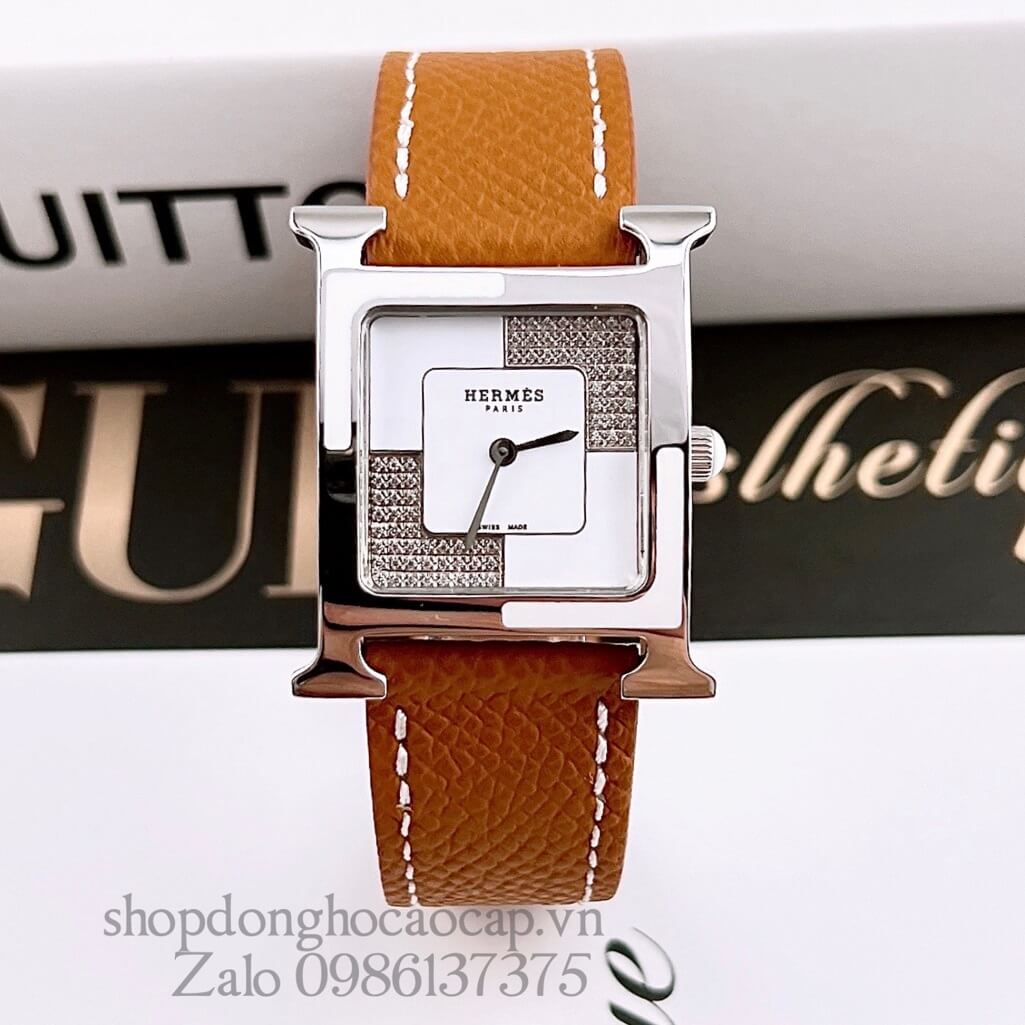 Đồng Hồ Hermes Heure H Double Jeu Diamond Dây Da Nâu Cam 26x26mm