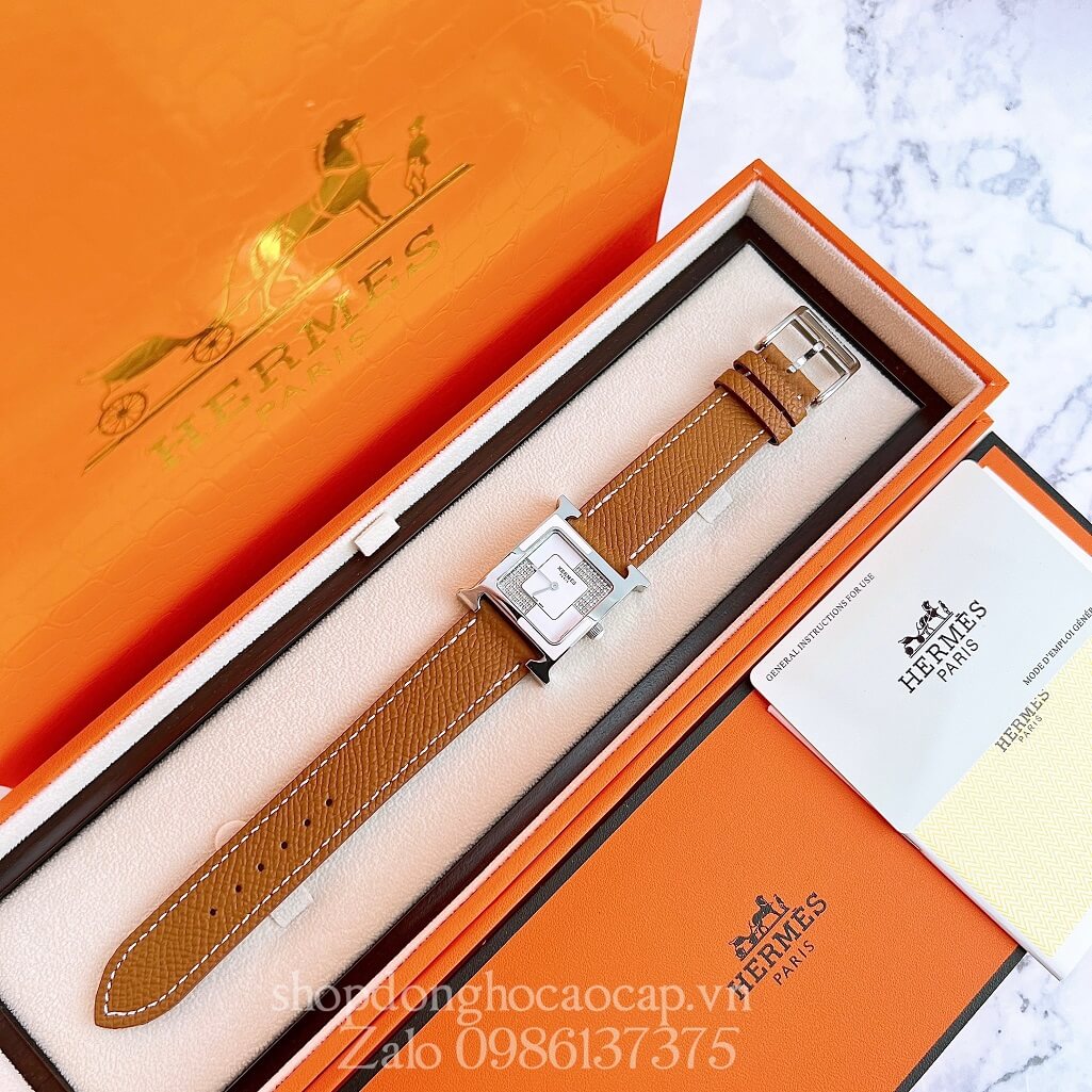 Đồng Hồ Hermes Heure H Double Jeu Diamond Dây Da Nâu Cam 26x26mm