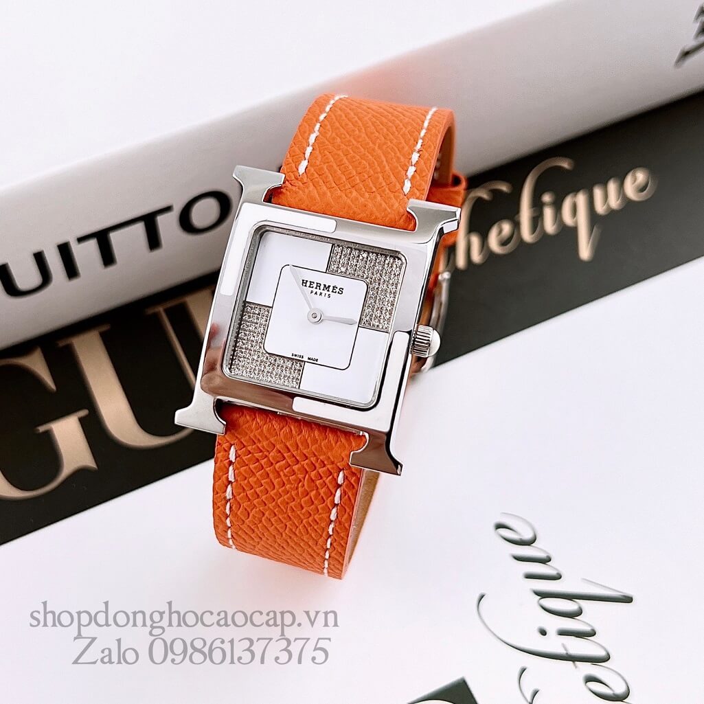 Đồng Hồ Hermes Heure H Double Jeu Diamond Dây Da Cam 26x26mm