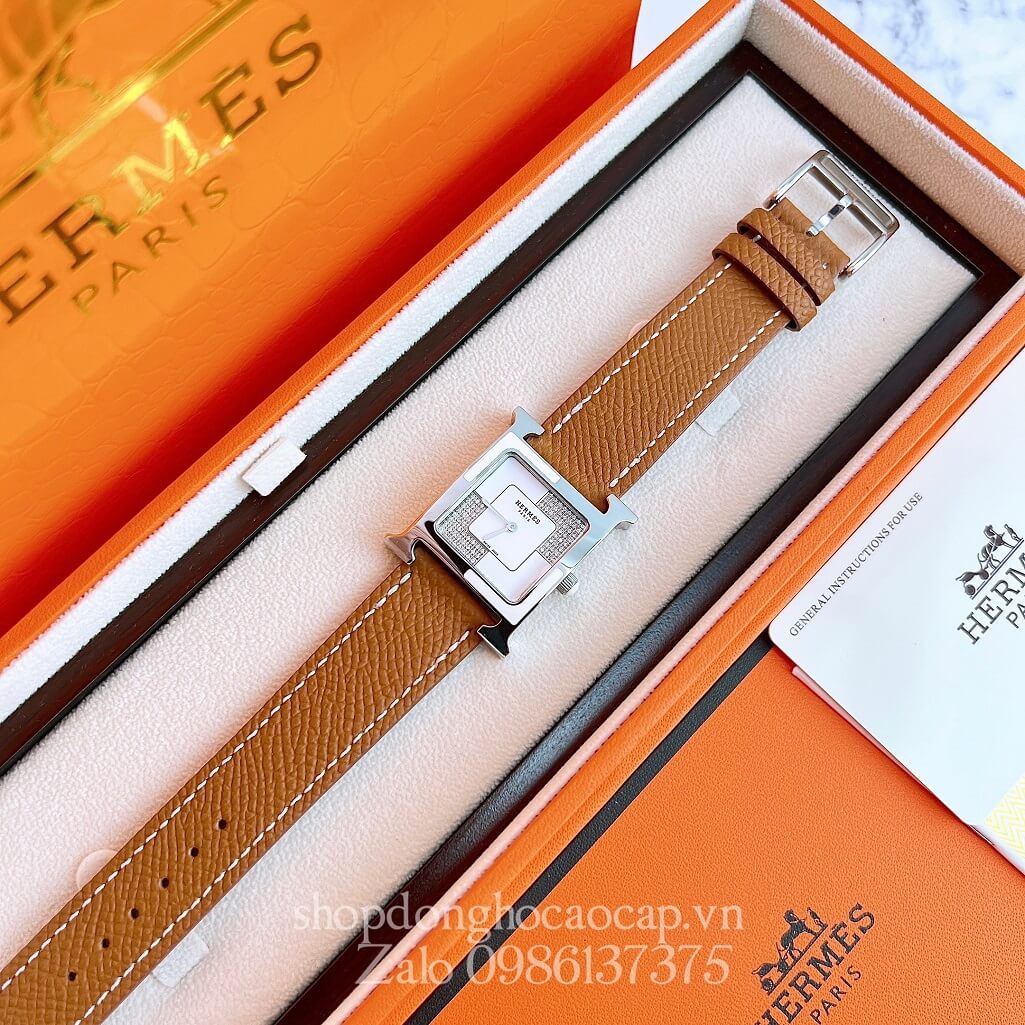 Đồng Hồ Hermes Heure H Double Jeu Diamond Dây Da Nâu Cam 26x26mm