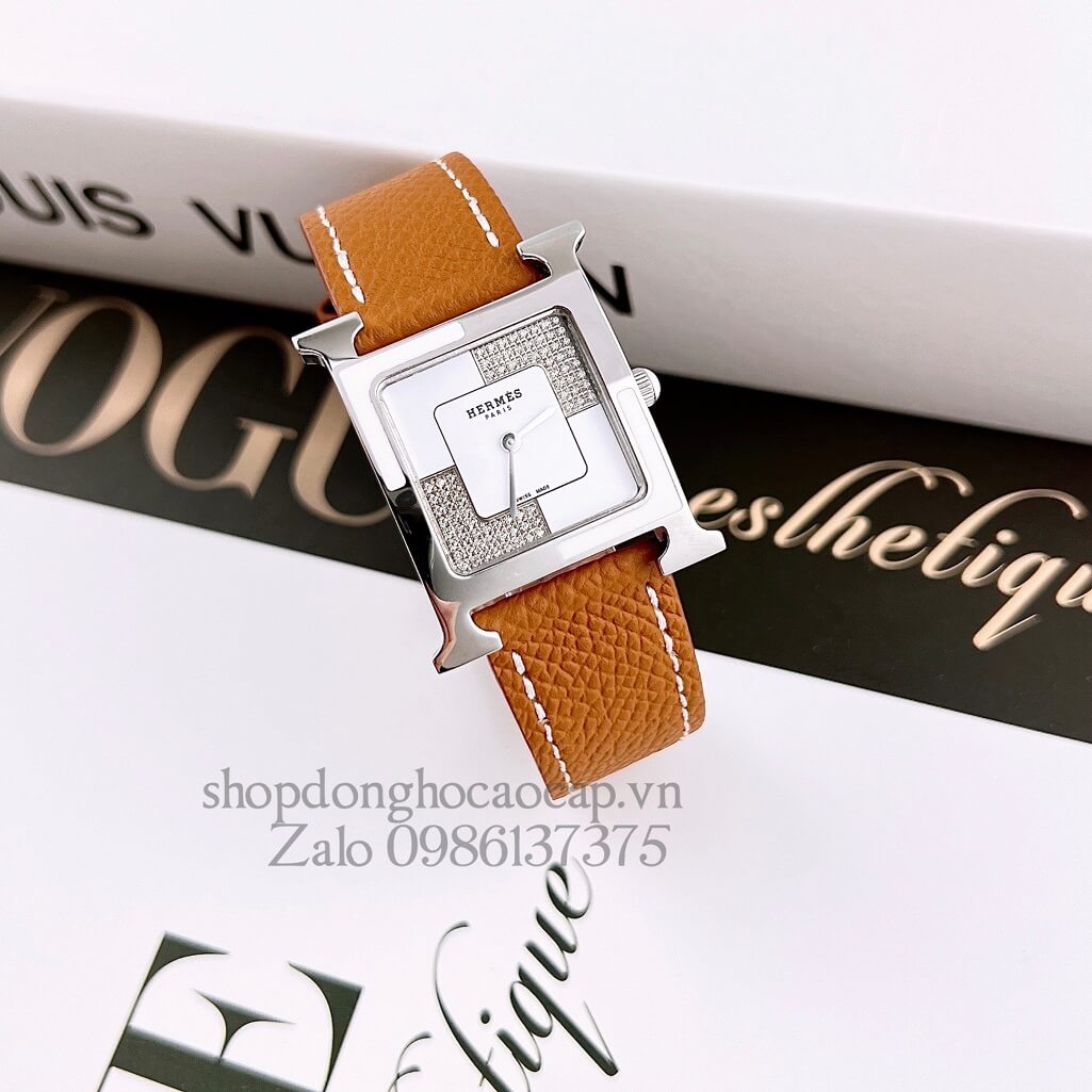 Đồng Hồ Hermes Heure H Double Jeu Diamond Dây Da Nâu Cam 26x26mm