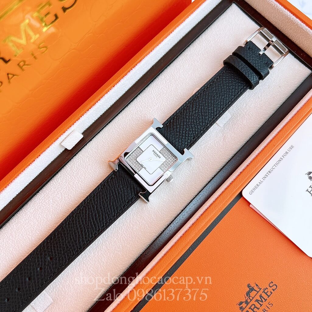 Đồng Hồ Hermes Heure H Double Jeu Diamond Dây Da Đen 26x26mm