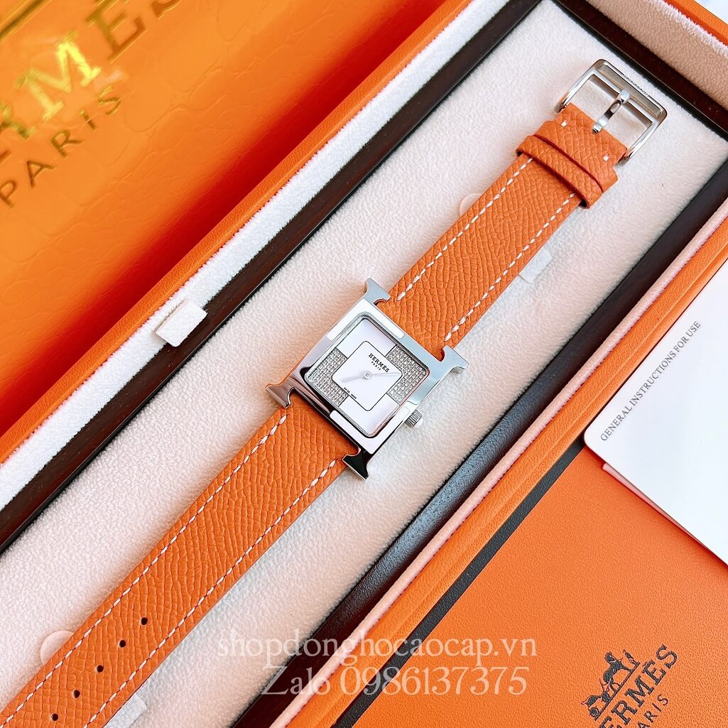 Đồng Hồ Hermes Heure H Double Jeu Diamond Dây Da Cam 26x26mm