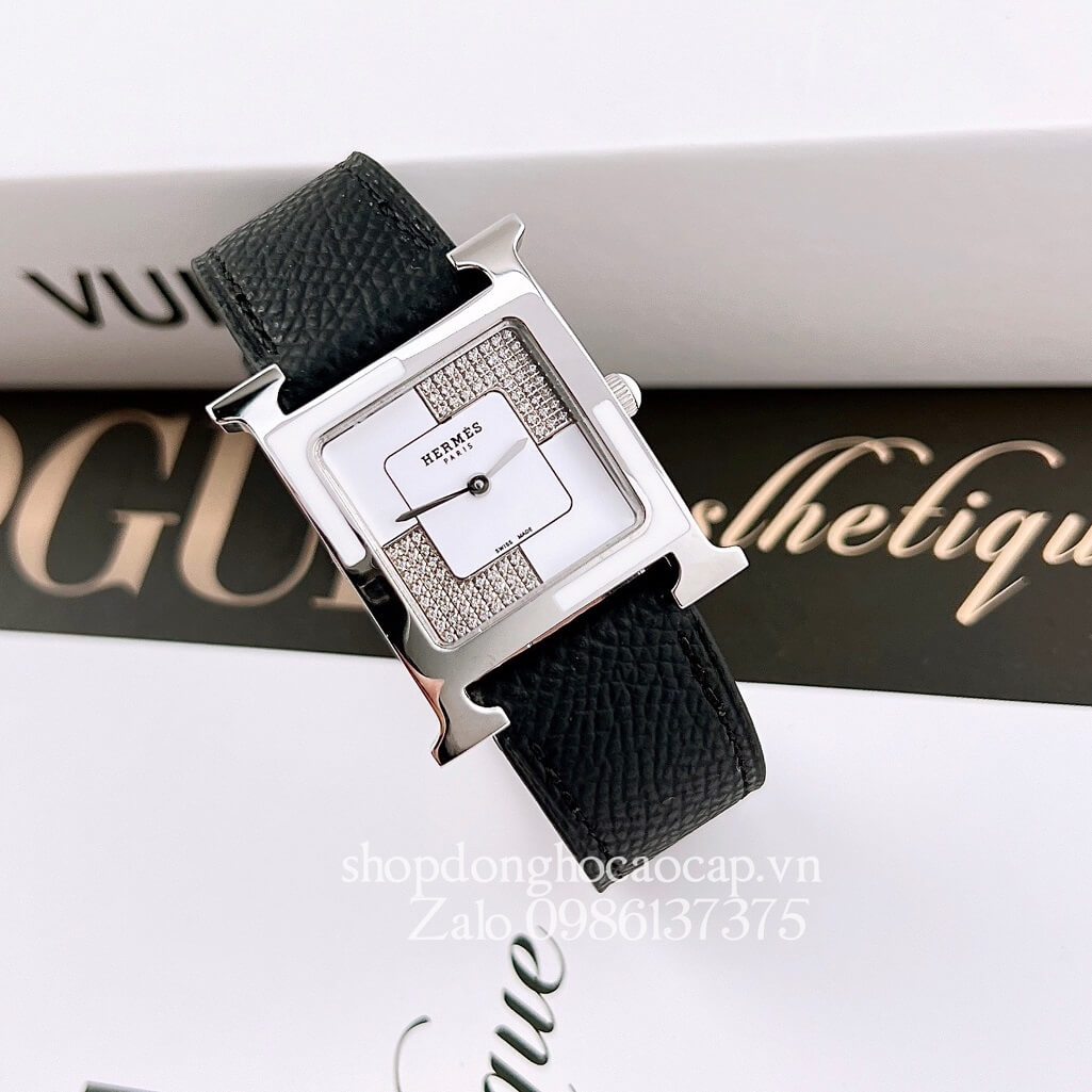 Đồng Hồ Hermes Heure H Double Jeu Diamond Dây Da Đen 26x26mm