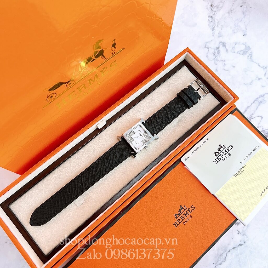 Đồng Hồ Hermes Heure H Double Jeu Diamond Dây Da Đen 26x26mm