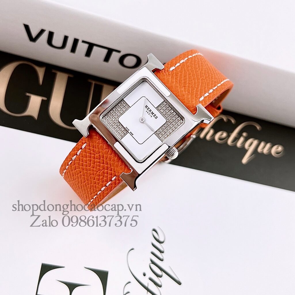 Đồng Hồ Hermes Heure H Double Jeu Diamond Dây Da Cam 26x26mm