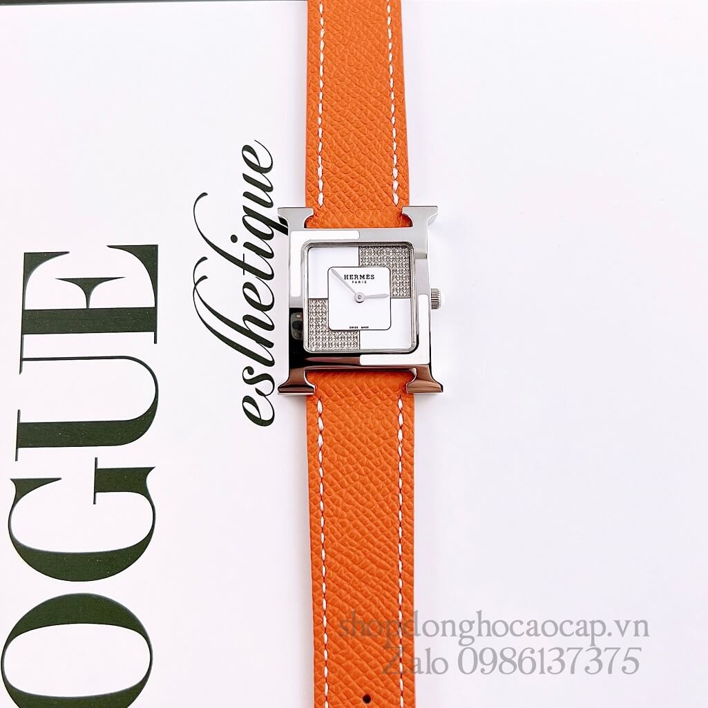 Đồng Hồ Hermes Heure H Double Jeu Diamond Dây Da Cam 26x26mm