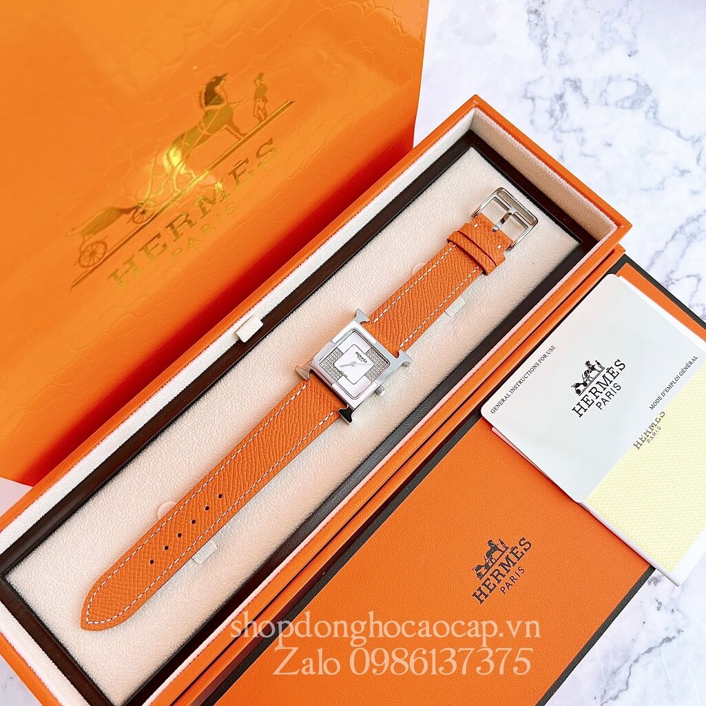 Đồng Hồ Hermes Heure H Double Jeu Diamond Dây Da Cam 26x26mm