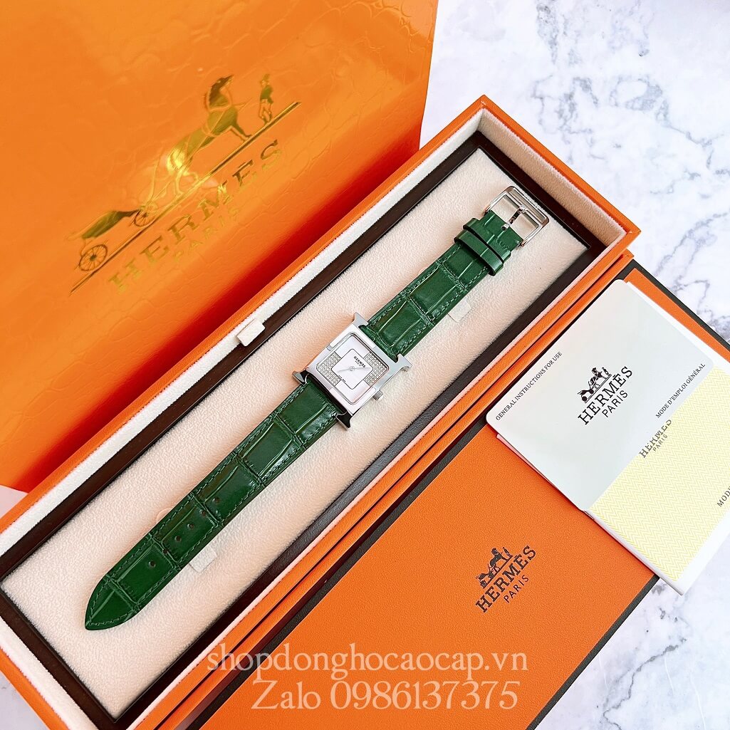 Đồng Hồ Hermes Heure H Double Jeu Diamond Dây Da Xanh Lá 26x26mm