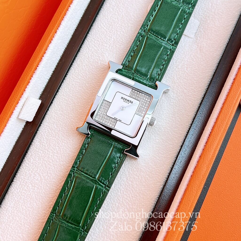 Đồng Hồ Hermes Heure H Double Jeu Diamond Dây Da Xanh Lá 26x26mm