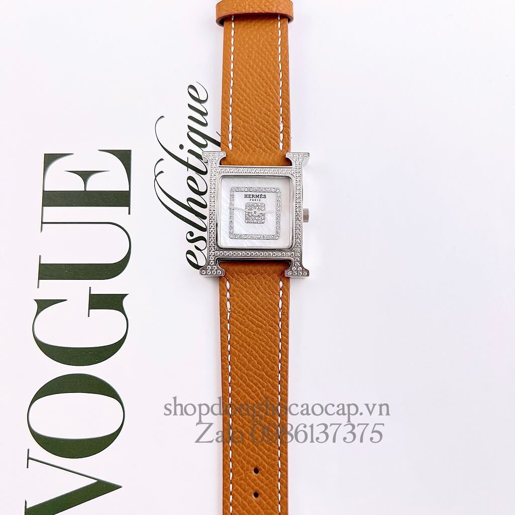 Đồng Hồ Hermes Heure H Siêu Cấp Nữ Dây Da Nâu Cam 26x26mm