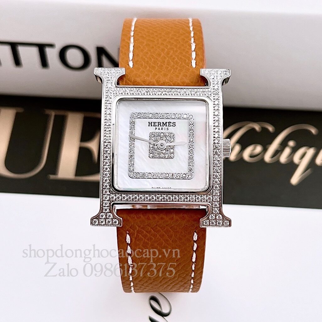 Đồng Hồ Hermes Heure H Siêu Cấp Nữ Dây Da Nâu Cam 26x26mm