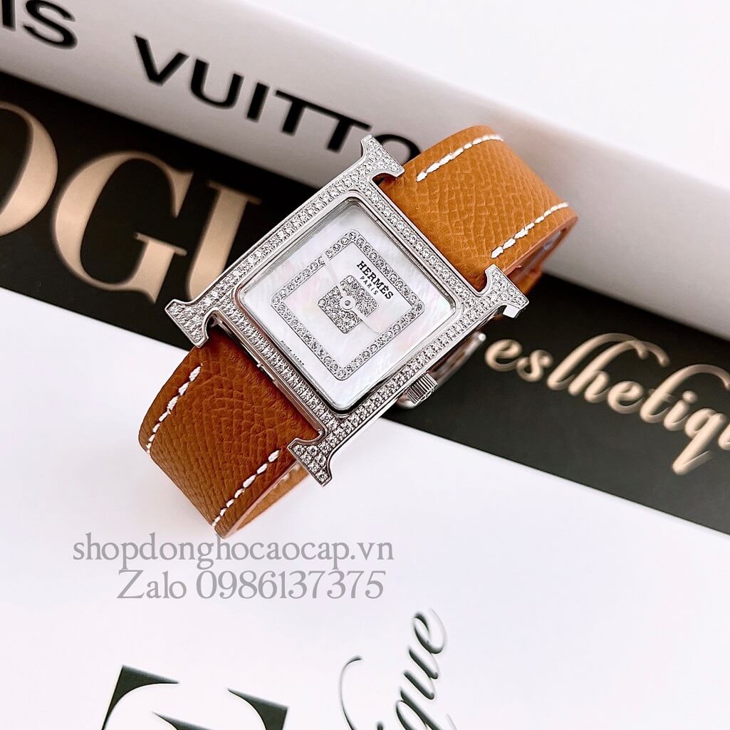 Đồng Hồ Hermes Heure H Siêu Cấp Nữ Dây Da Nâu Cam 26x26mm