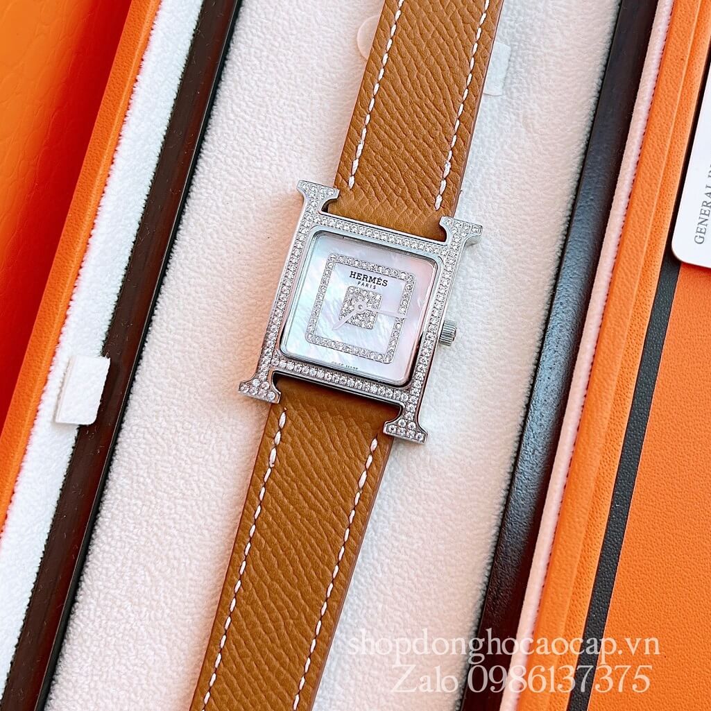 Đồng Hồ Hermes Heure H Siêu Cấp Nữ Dây Da Nâu Cam 26x26mm