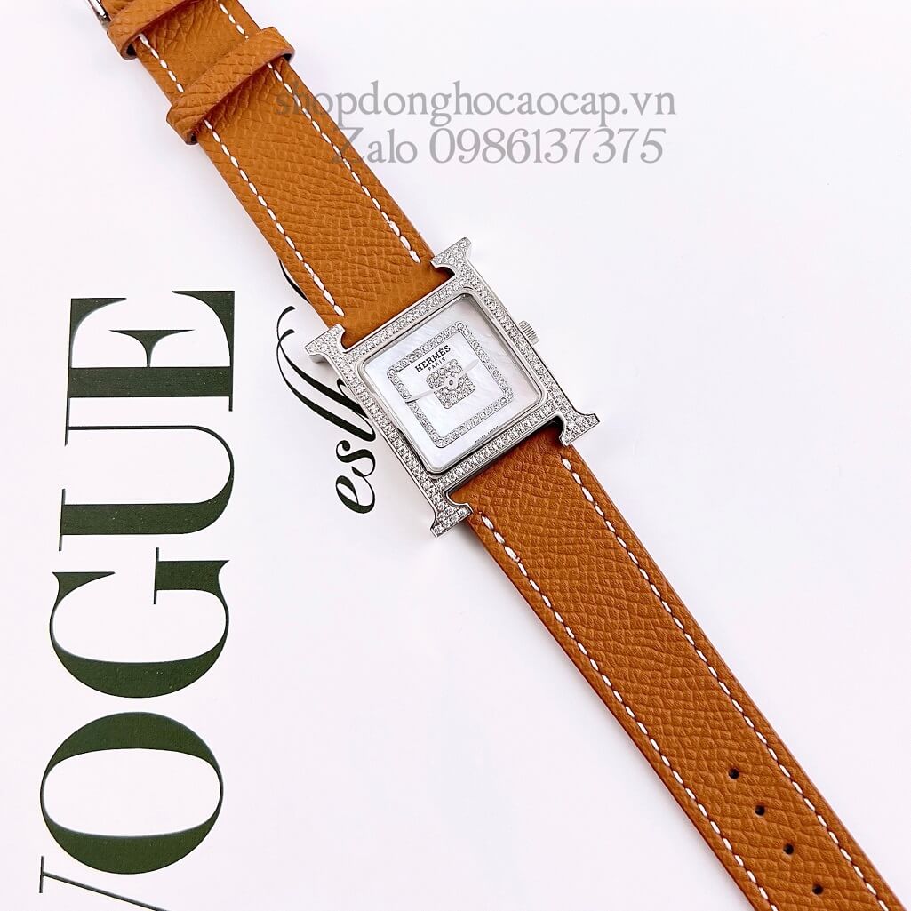 Đồng Hồ Hermes Heure H Siêu Cấp Nữ Dây Da Nâu Cam 26x26mm