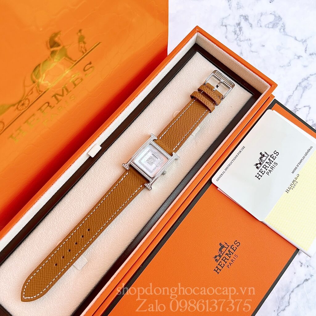 Đồng Hồ Hermes Heure H Siêu Cấp Nữ Dây Da Nâu Cam 26x26mm