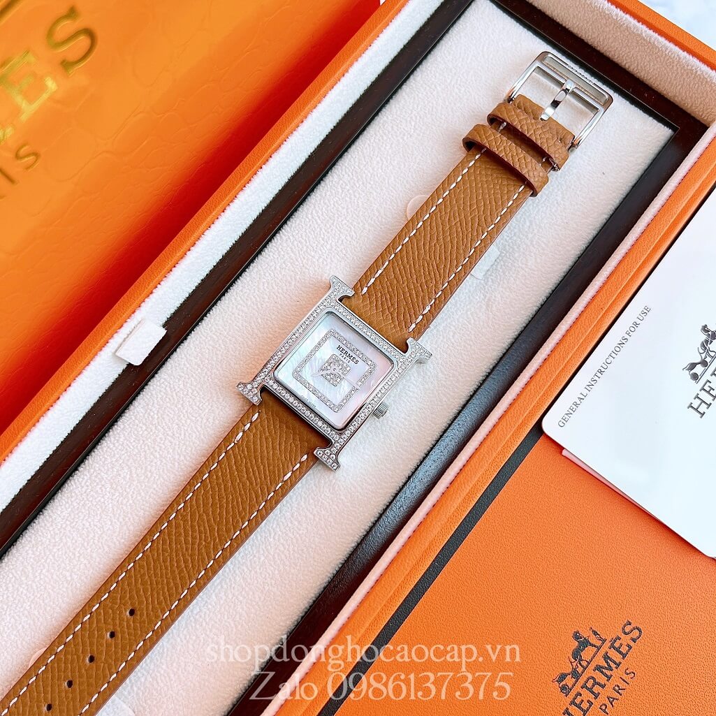 Đồng Hồ Hermes Heure H Siêu Cấp Nữ Dây Da Nâu Cam 26x26mm