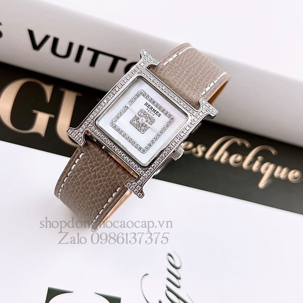 Đồng Hồ Hermes Heure H Siêu Cấp Nữ Dây Da Xám Nude 26x26mm