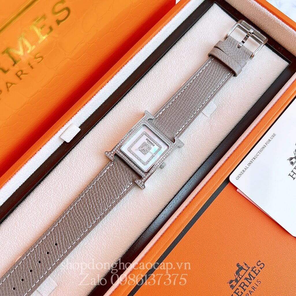 Đồng Hồ Hermes Heure H Siêu Cấp Nữ Dây Da Xám Nude 26x26mm