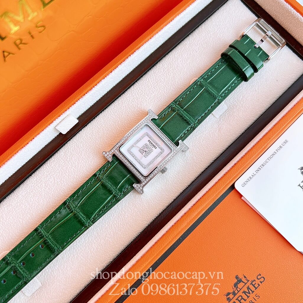 Đồng Hồ Hermes Heure H Siêu Cấp Nữ Dây Da Xanh 26x26mm