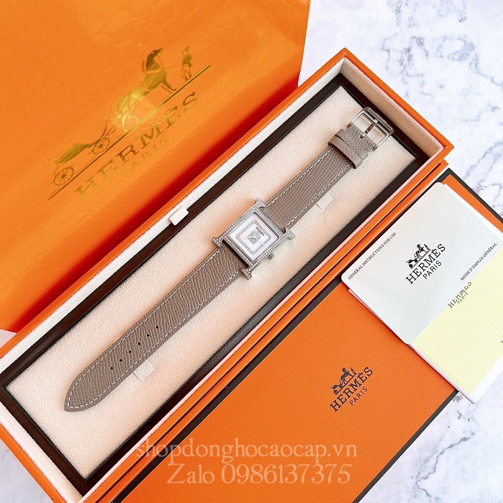 Đồng Hồ Hermes Heure H Siêu Cấp Nữ Dây Da Xám Nude 26x26mm