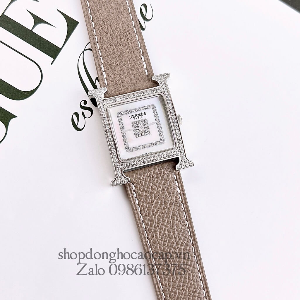 Đồng Hồ Hermes Heure H Siêu Cấp Nữ Dây Da Xám Nude 26x26mm