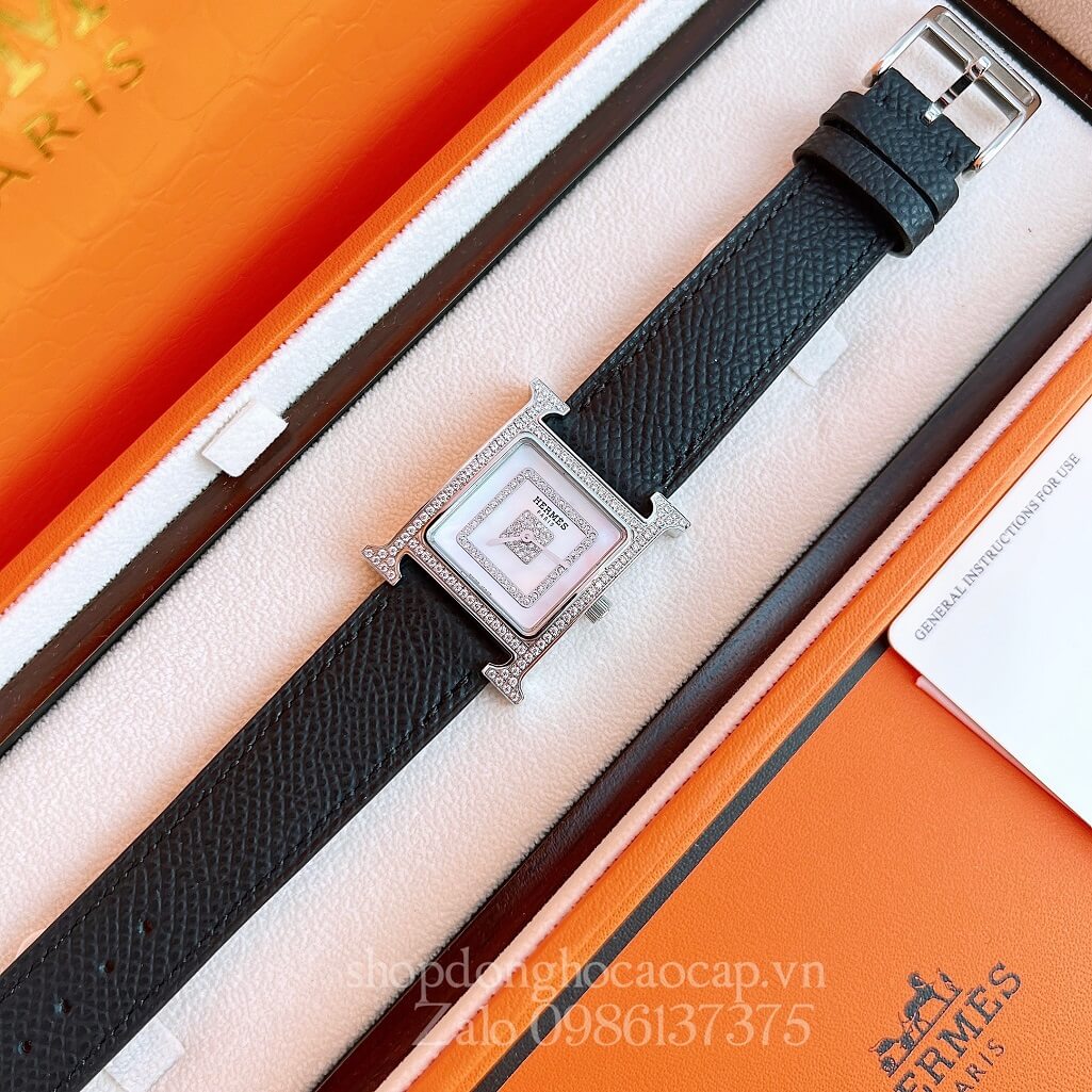 Đồng Hồ Hermes Heure H Siêu Cấp Nữ Dây Da Đen 26x26mm