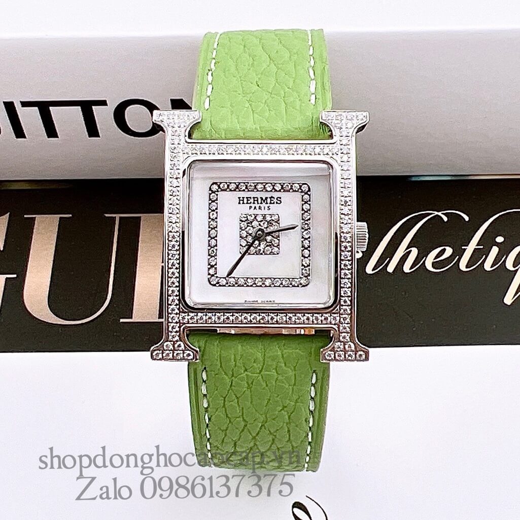 Đồng Hồ Hermes Heure H Siêu Cấp Nữ Dây Da Xanh Cốm 26x26mm