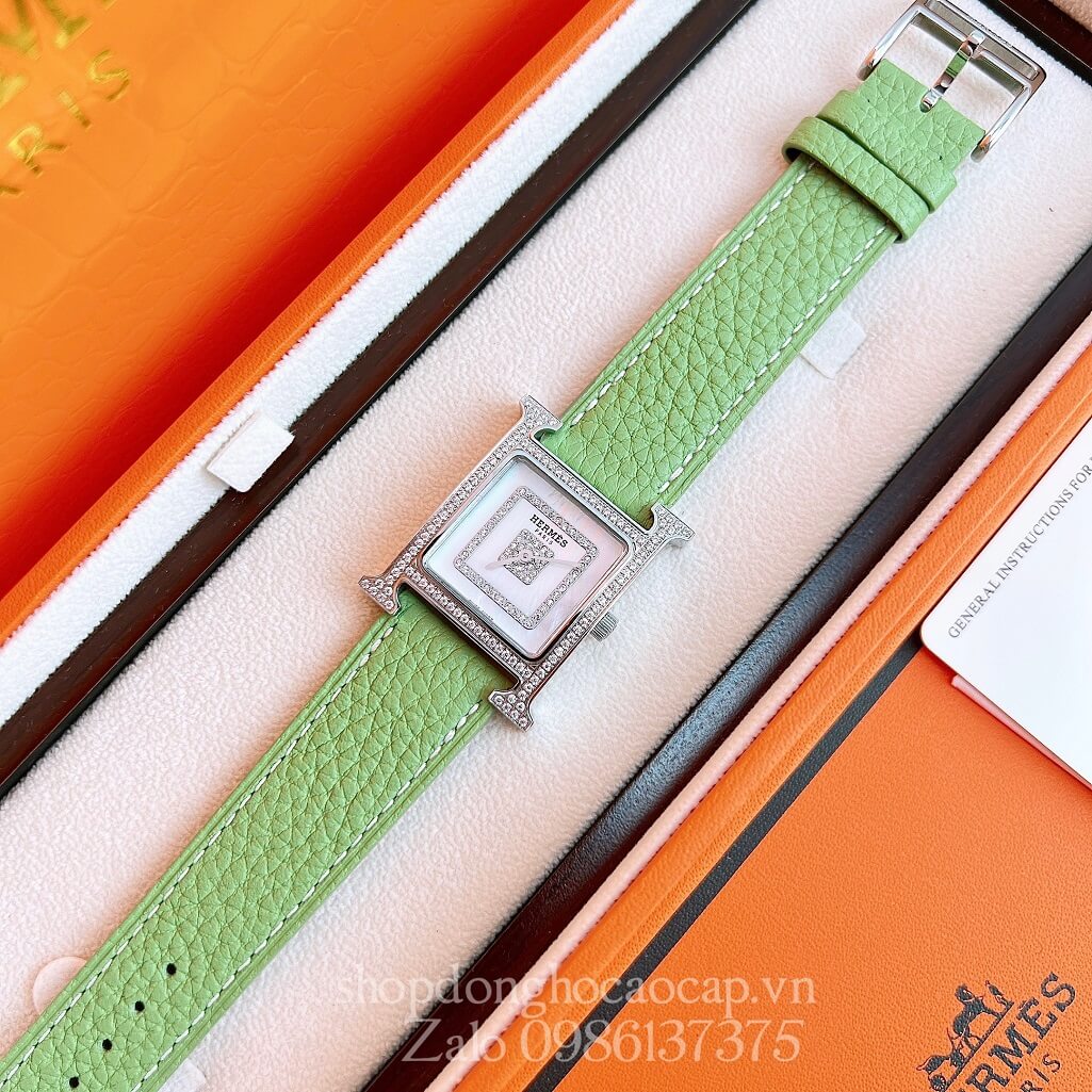 Đồng Hồ Hermes Heure H Siêu Cấp Nữ Dây Da Xanh Cốm 26x26mm