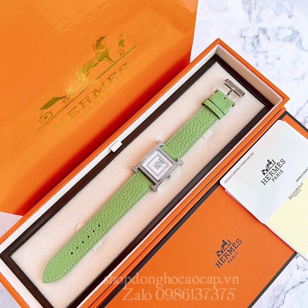 Đồng Hồ Hermes Heure H Siêu Cấp Nữ Dây Da Xanh Cốm 26x26mm