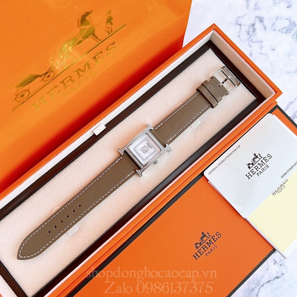 Đồng Hồ Hermes Heure H Siêu Cấp Nữ Dây Da Nâu Nude 26x26mm