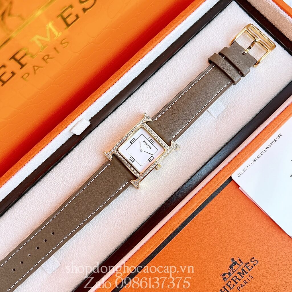 Đồng Hồ Hermes Heure H Double Jeu Siêu Cấp Nữ Dây Da Nâu Nude 26x26mm