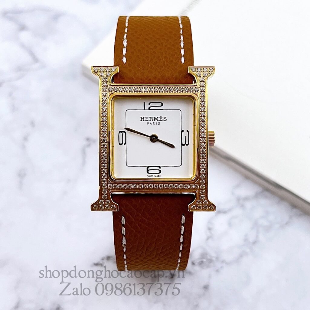 Đồng Hồ Hermes Heure H Double Jeu Nữ Dây Da Nâu Cam 26x26mm