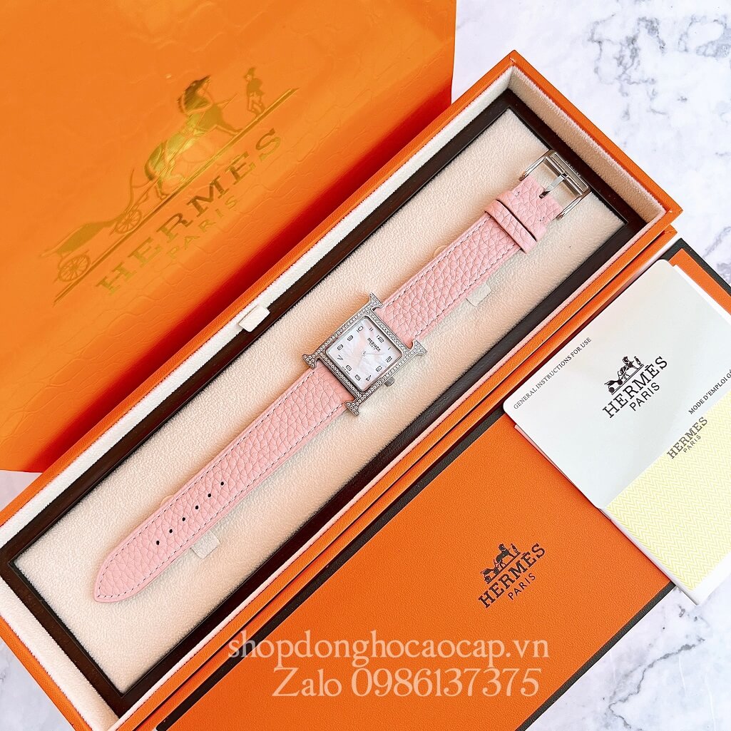 Đồng Hồ Hermes Heure H Nữ Siêu Cấp Dây Da Xanh Hồng Silver 26x26mm