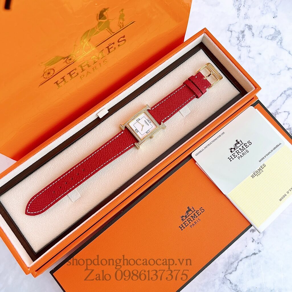 Đồng Hồ Hermes Heure H Double Jeu Siêu Cấp Nữ Dây Da Đỏ 26x26mm