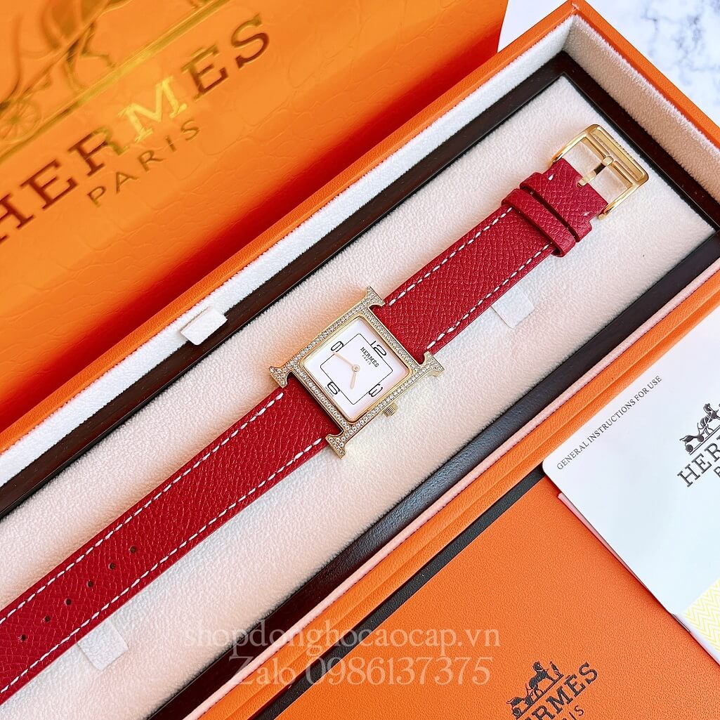 Đồng Hồ Hermes Heure H Double Jeu Siêu Cấp Nữ Dây Da Đỏ 26x26mm