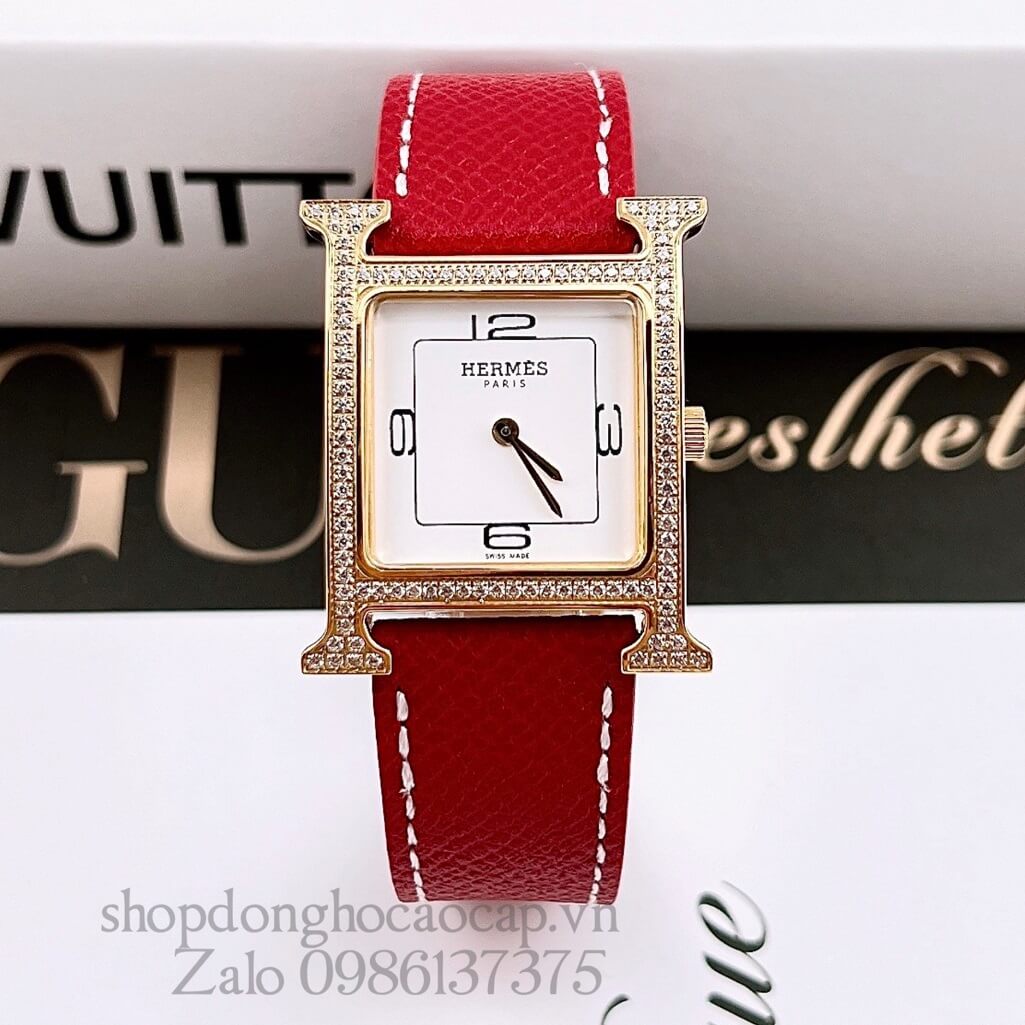 Đồng Hồ Hermes Heure H Double Jeu Nữ Dây Da Đỏ 26x26mm