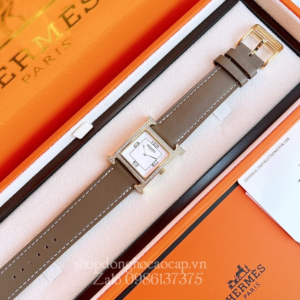 Đồng Hồ Hermes Heure H Double Jeu Siêu Cấp Nữ Dây Da Nâu Nude 26x26mm